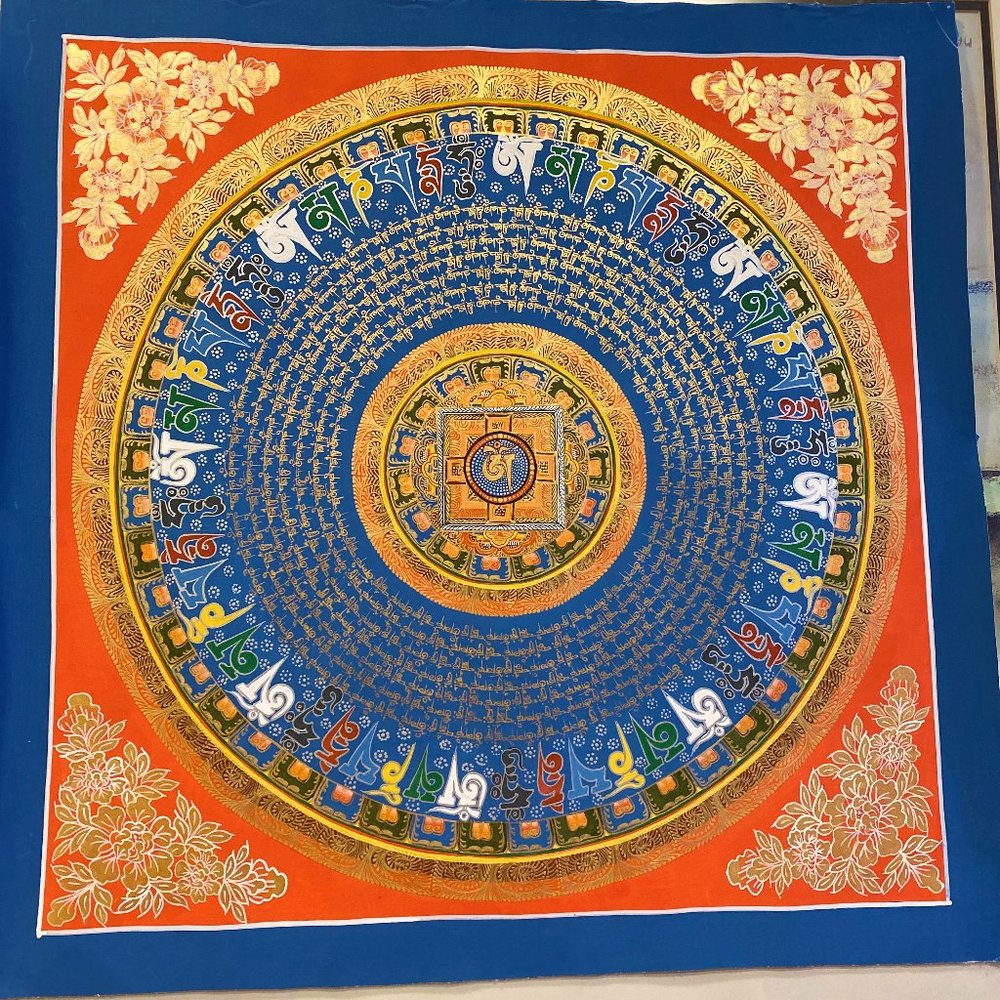 Hand-Painted Sacred Vibrant Tibetan Mantra of Compassion wall Canvas Mandala.